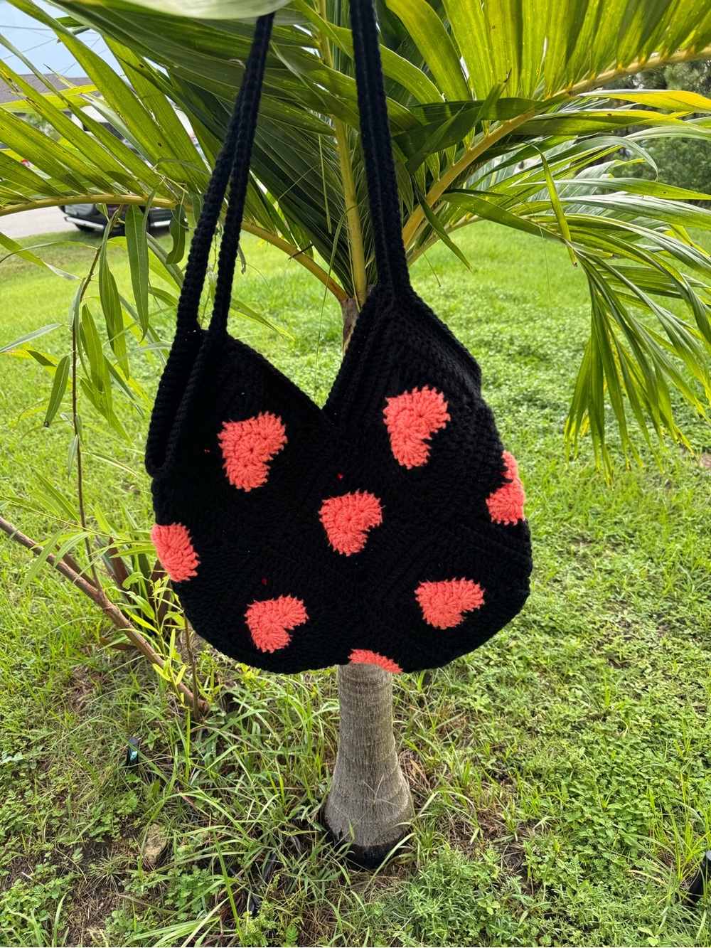 Black Crochet Shoulder Bag with Coral Dot Accents